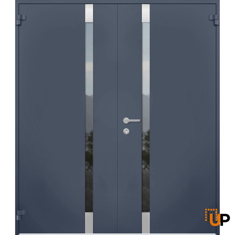 Front Exterior Prehung Steel Double Doors / Cynex 6777 Grey / Stainless Inserts Single Modern Painted-W72" x H80"-Right-hand Outswing photo#1