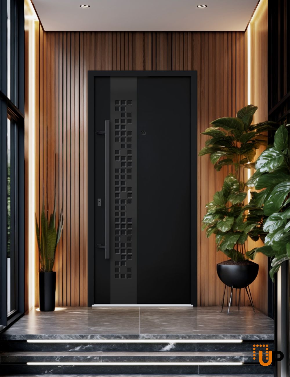 Front Exterior Prehung Steel Door / Deux 6078 Black Enamel / Entry Metal Modern Painted W36" x H80" Right hand Inswing photo#3
