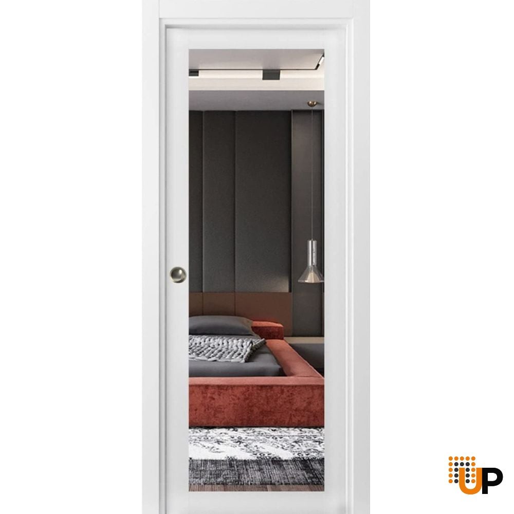 Sliding French Pocket Door | Lucia 1299 White Silk with Mirror | Kit Trims Rail Hardware | Solid Wood Interior Bedroom Sturdy Doors photo#1