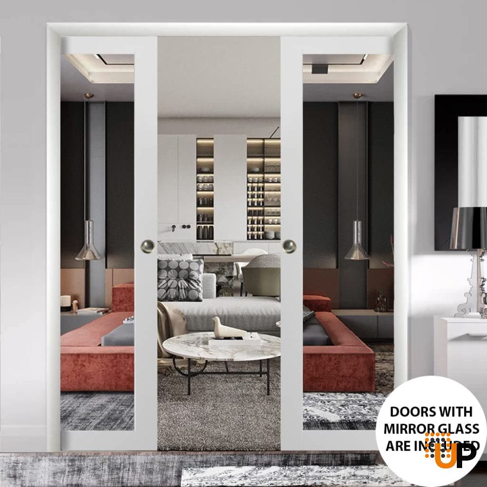 Sliding French Double Pocket Doors | Lucia 1299 White Silk with Mirror | Kit Trims Rail Hardware | Solid Wood Interior Bedroom Sturdy Doors-56" x 96" (2* 28x96) photo#2