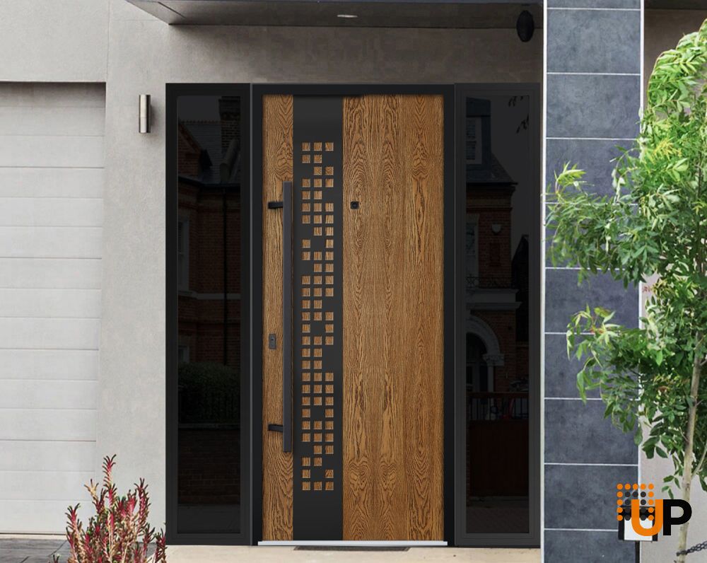 Front Exterior Prehung Steel Door / Deux 6678 Natural Oak / 2 Sidelight Exterior Windows Sidelites/ Entry Metal Modern Painted W12+36+12" x H80" Right hand Inswing photo#3
