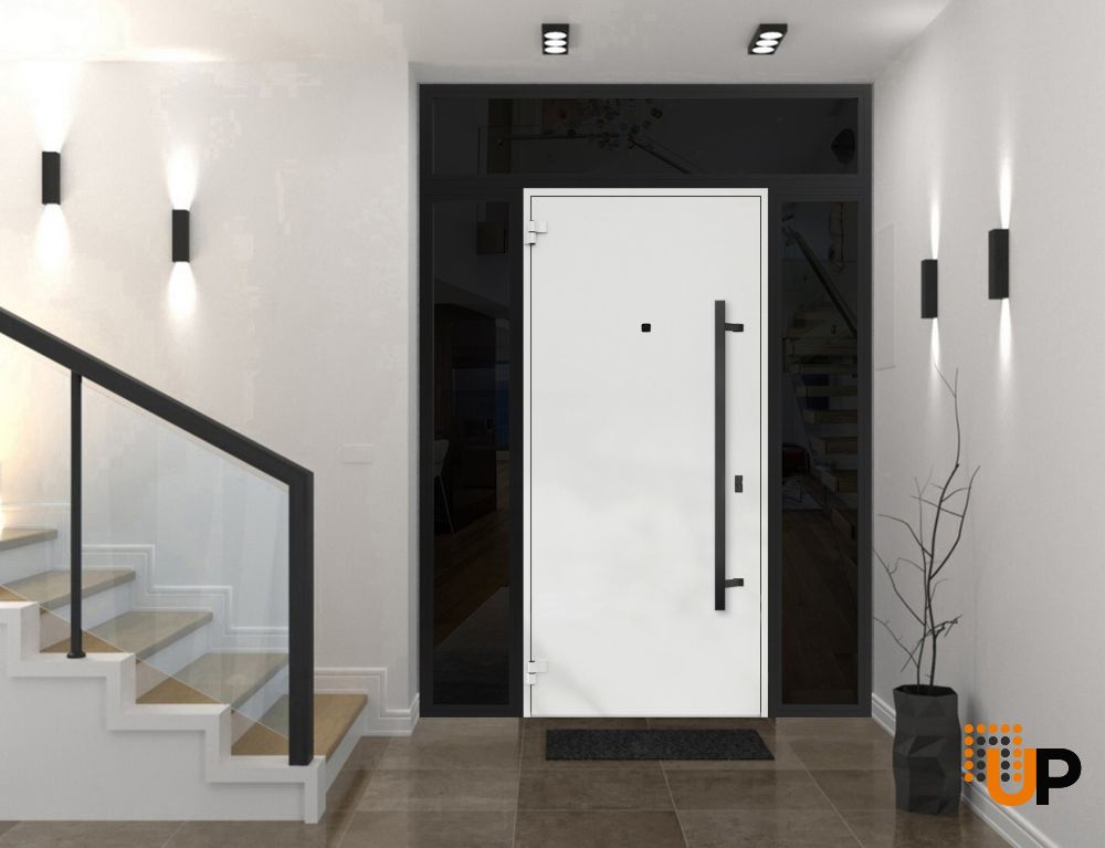 Front Exterior Prehung Steel Door / Deux 6678 Natural Oak / 2 Sidelight and Transom Window Sidelite / Entry Metal Modern Painted W12+36+12" x H80+16" Right hand Inswing photo#4