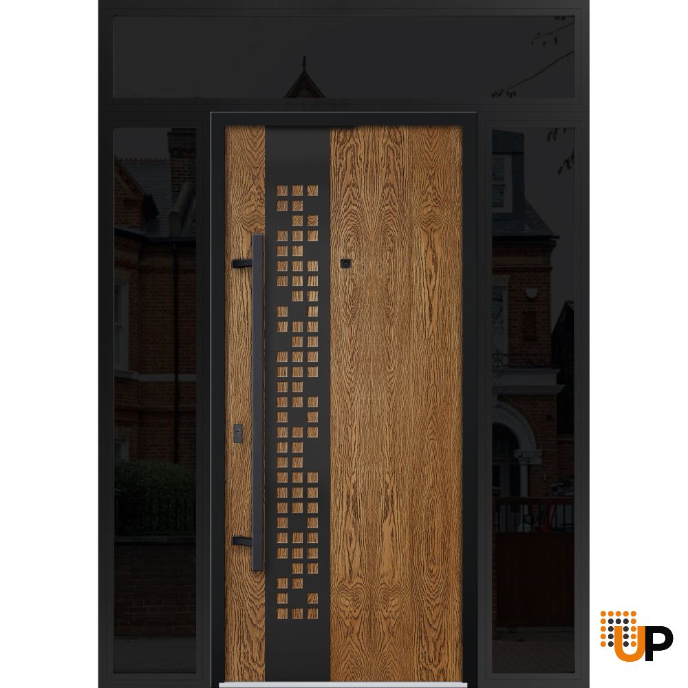 Front Exterior Prehung Steel Door / Deux 6678 Natural Oak / 2 Sidelight and Transom Window Sidelite / Entry Metal Modern Painted W12+36+12" x H80+16" Right hand Inswing photo#1