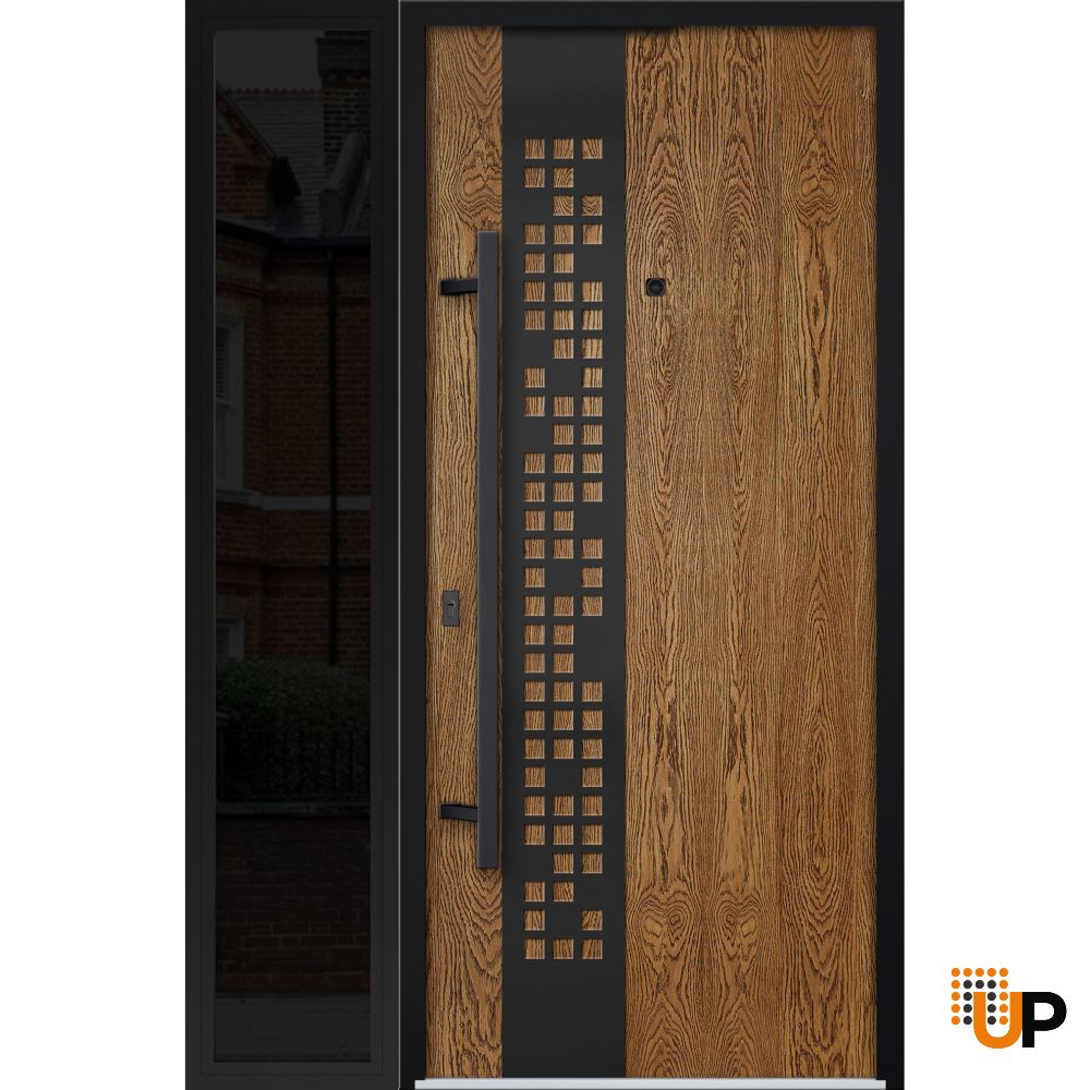 Front Exterior Prehung Steel Door / Deux 6678 Natural Oak / Sidelight Exterior Window Sidelite / Entry Metal Modern Painted W36+16" x H80" Right hand Inswing photo#1