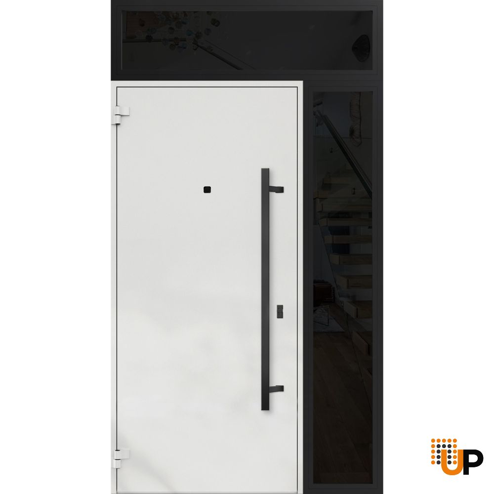 Front Exterior Prehung Steel Door / Deux 6678 Natural Oak / Sidelight and Transom Window Sidelite / Entry Metal Modern Painted W36+12" x H80+16" Right hand Inswing photo#2