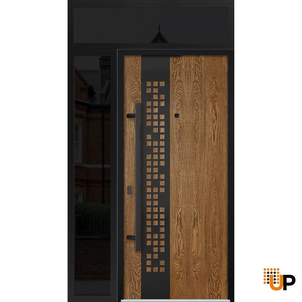 Front Exterior Prehung Steel Door / Deux 6678 Natural Oak / Sidelight and Transom Window Sidelite / Entry Metal Modern Painted W36+12" x H80+16" Right hand Inswing photo#1