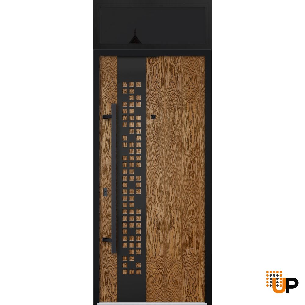 Front Exterior Prehung Steel Door / Deux 6678 Natural Oak / Transom Window Sidelite / Entry Metal Modern Painted W36" x H80+16" Right hand Inswing photo#1