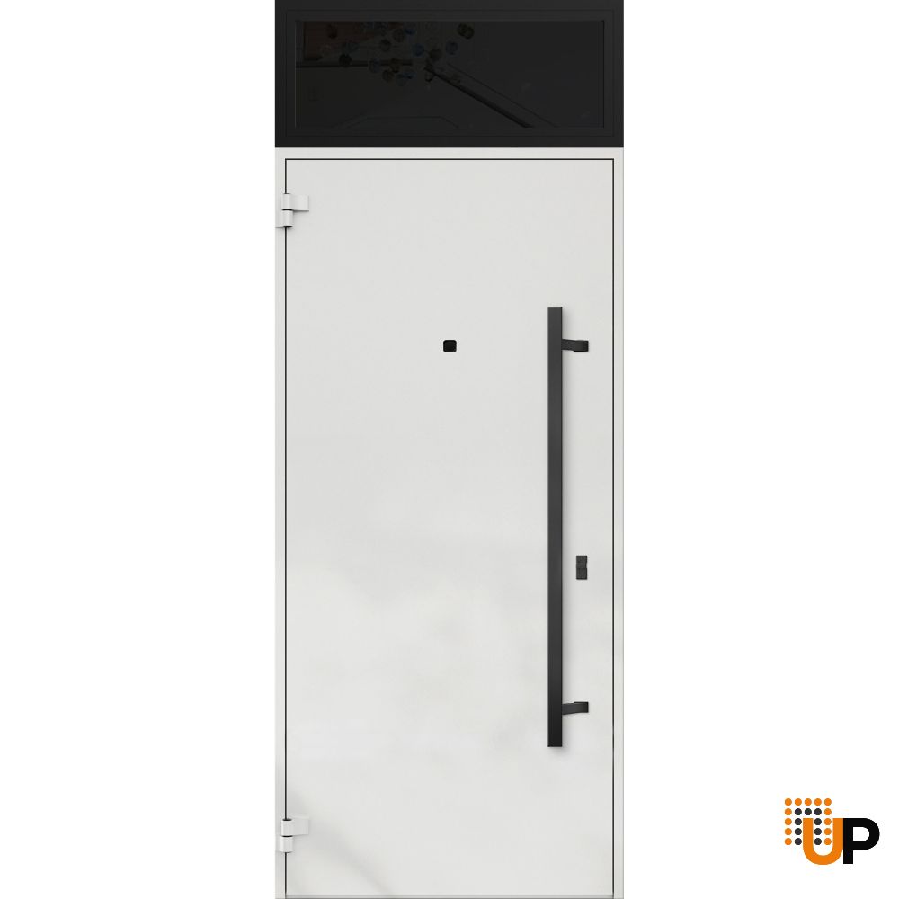 Front Exterior Prehung Steel Door / Deux 6678 Natural Oak / Transom Window Sidelite / Entry Metal Modern Painted W36" x H80+16" Right hand Inswing photo#2