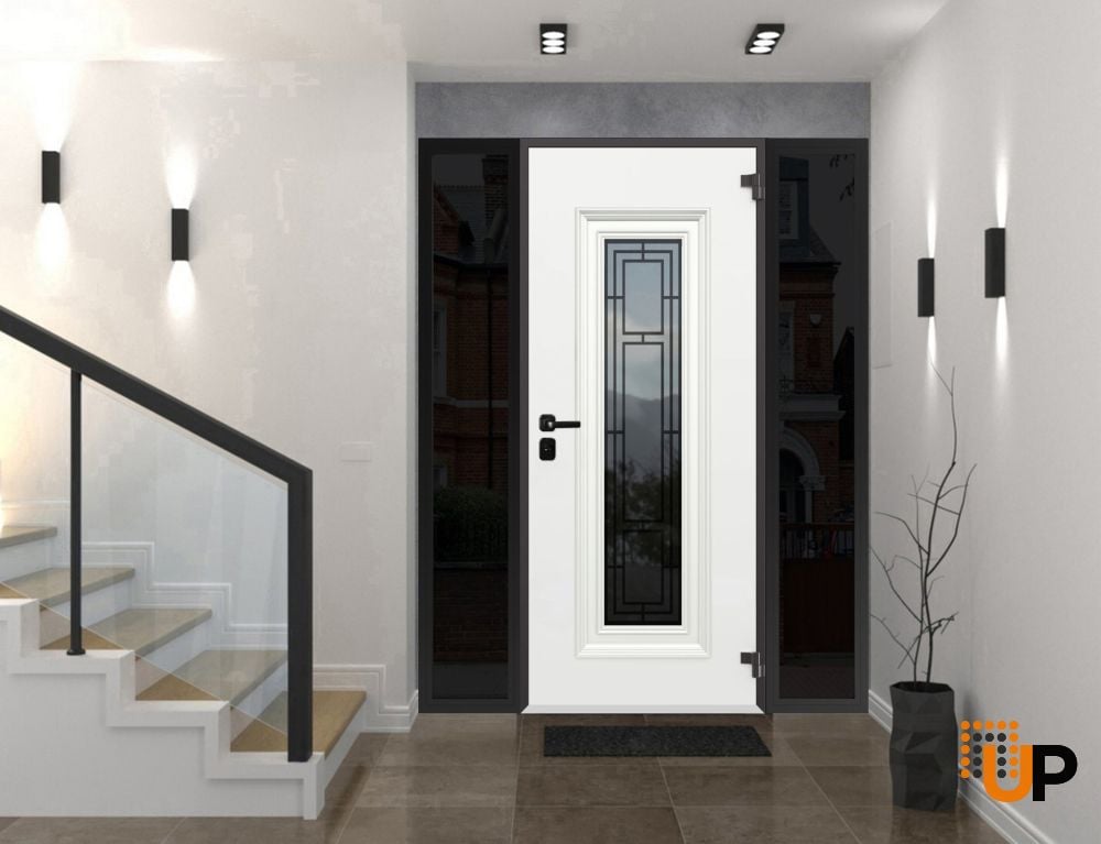 Front Exterior Prehung Steel Door / Ballucio 6644 Natural Oak / Black 2 Side Exterior Windows Sidelites/ Entry Metal Modern Painted W12+36+12" x H80" Left hand Inswing photo#3