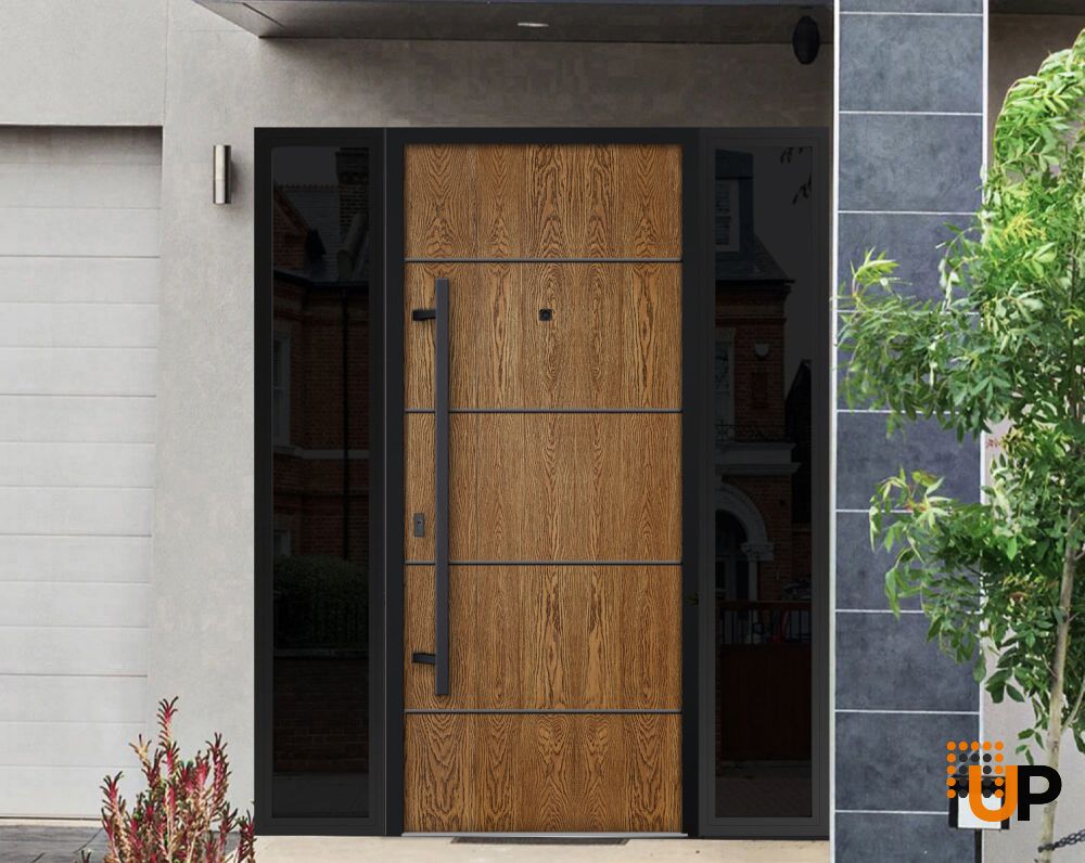 Front Exterior Prehung Steel Door / Deux 6683 Natural Oak / 2 Sidelight Exterior Windows Sidelites/ Entry Metal Modern Painted W12+36+12" x H80" Right hand Inswing photo#3