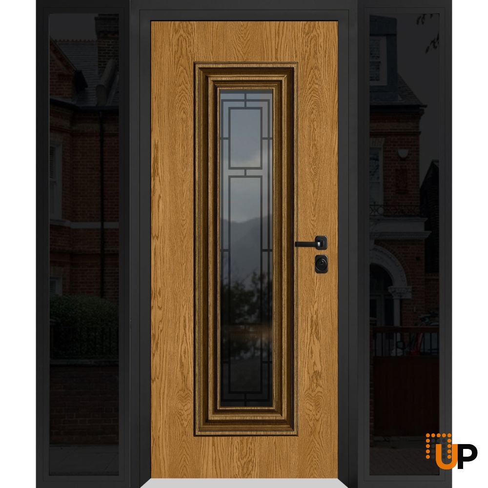 Front Exterior Prehung Steel Door / Ballucio 6644 Natural Oak / Black 2 Side Exterior Windows Sidelites/ Entry Metal Modern Painted W12+36+12" x H80" Left hand Inswing photo#1
