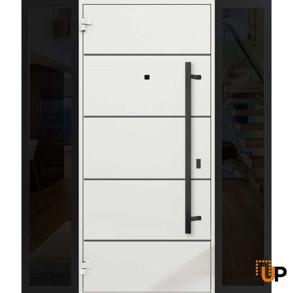 Front Exterior Prehung Steel Door / Deux 6683 Natural Oak / 2 Sidelight Exterior Windows Sidelites/ Entry Metal Modern Painted W12+36+12" x H80" Right hand Inswing photo#2