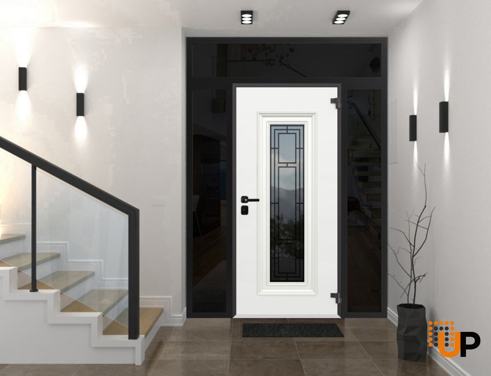Front Exterior Prehung Steel Door / Ballucio 6644 Natural Oak / Black 2 Side and Top Exterior Window Sidelite / Entry Metal Modern Painted W16+36+16" x H80+16" Left hand Inswing photo#3