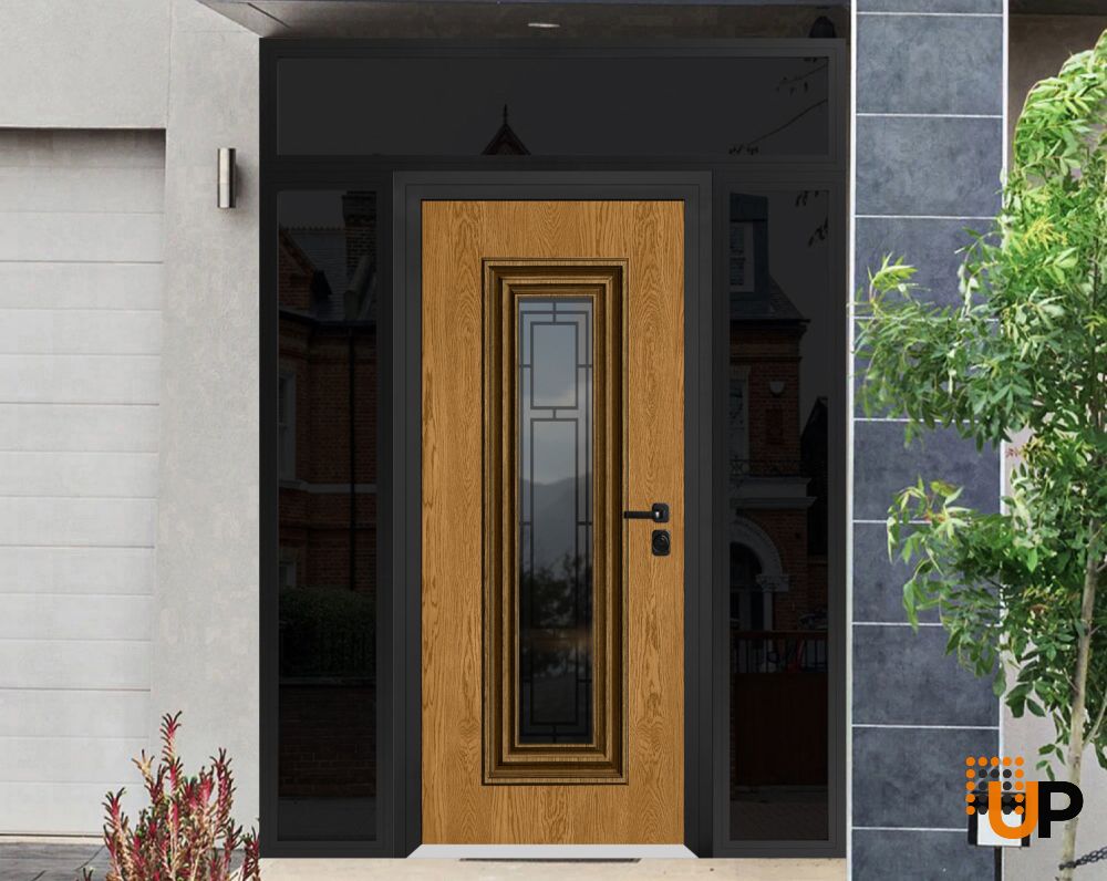 Front Exterior Prehung Steel Door / Ballucio 6644 Natural Oak / Black 2 Side and Top Exterior Window Sidelite / Entry Metal Modern Painted W16+36+16" x H80+16" Left hand Inswing photo#2