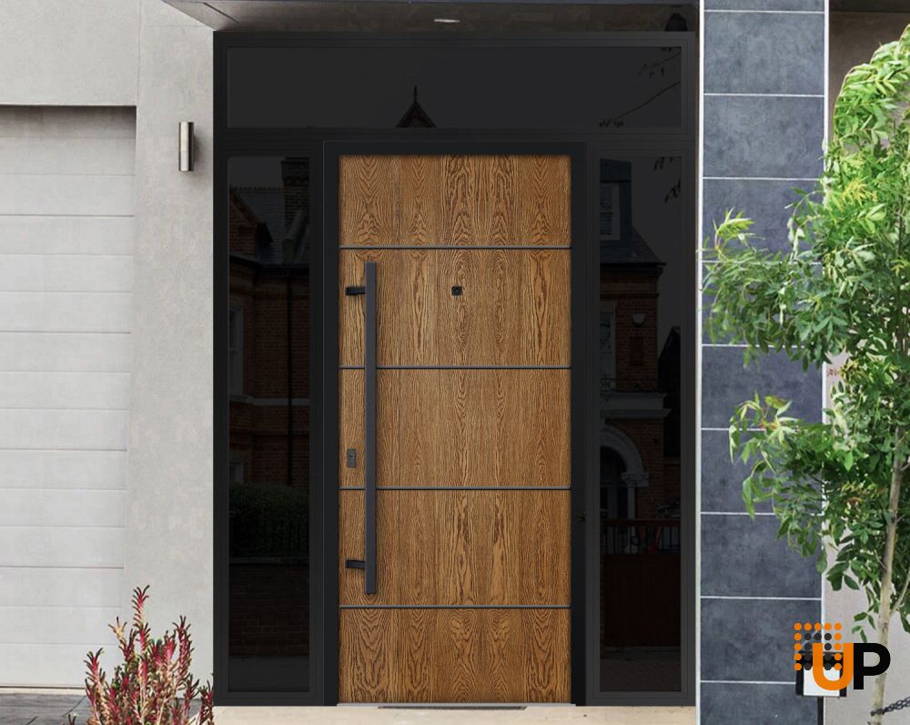 Front Exterior Prehung Steel Door / Deux 6683 Natural Oak / 2 Sidelight and Transom Window Sidelite / Entry Metal Modern Painted W16+36+16" x H80+16" Right hand Inswing photo#3