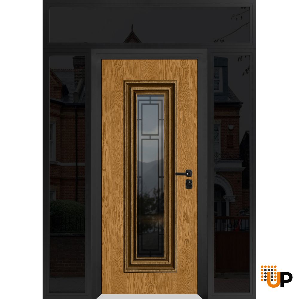 Front Exterior Prehung Steel Door / Ballucio 6644 Natural Oak / Black 2 Side and Top Exterior Window Sidelite / Entry Metal Modern Painted W16+36+16" x H80+16" Left hand Inswing photo#1