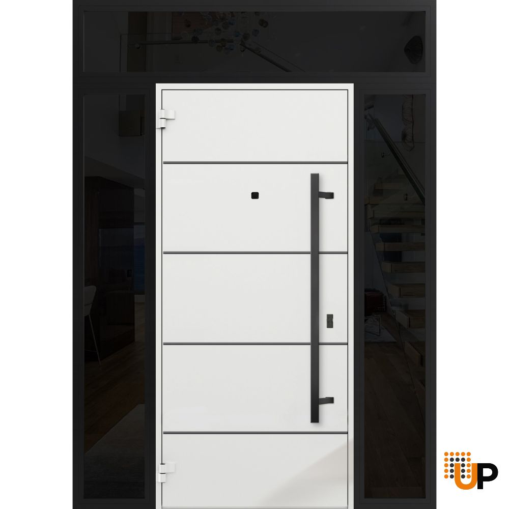 Front Exterior Prehung Steel Door / Deux 6683 Natural Oak / 2 Sidelight and Transom Window Sidelite / Entry Metal Modern Painted W16+36+16" x H80+16" Right hand Inswing photo#2