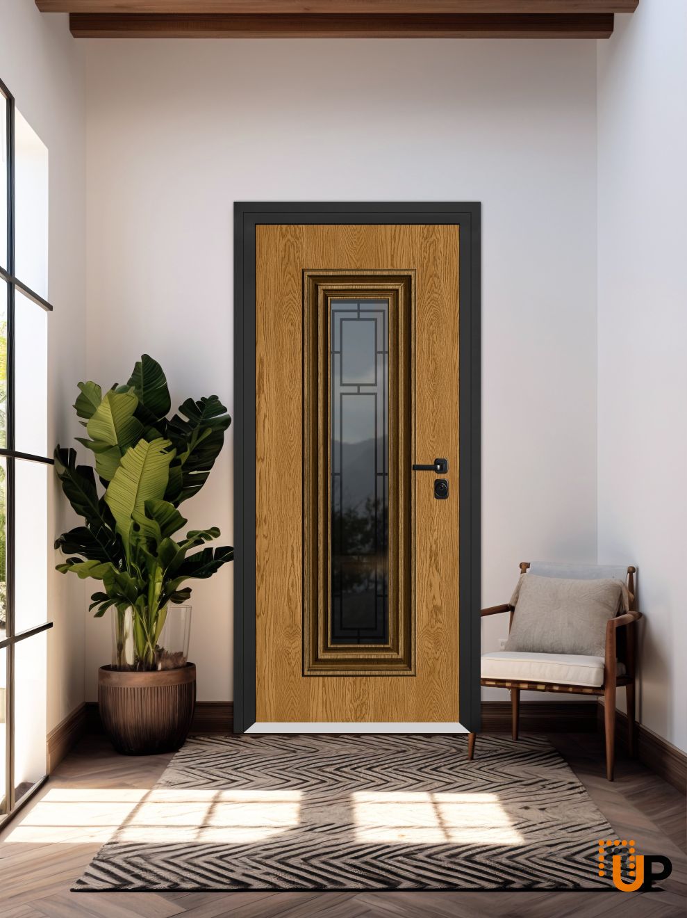 Front Exterior Prehung Steel Door / Ballucio 6644 Natural Oak / Entry Metal Modern Painted W36" x H80" Left hand photo#2