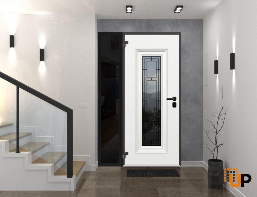 Front Exterior Prehung Steel Door / Ballucio 6644 Natural Oak / Black Side Exterior Window Sidelite / Entry Metal Modern Painted W36+14" x H80" Right hand Inswing photo#3