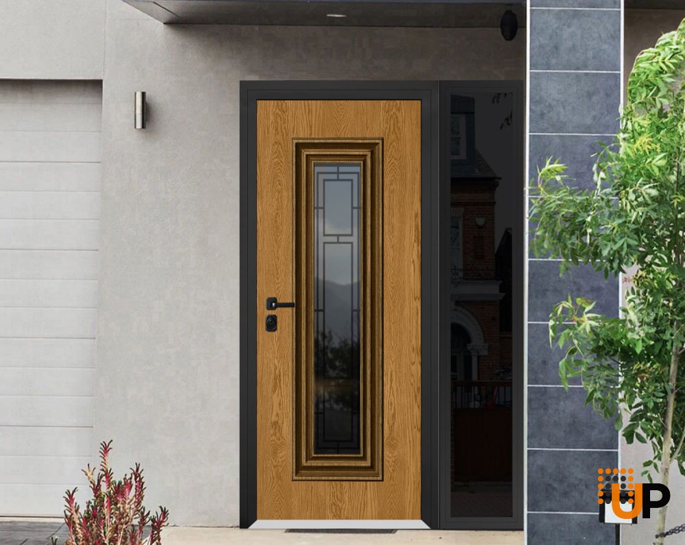 Front Exterior Prehung Steel Door / Ballucio 6644 Natural Oak / Black Side Exterior Window Sidelite / Entry Metal Modern Painted W36+14" x H80" Right hand Inswing photo#2