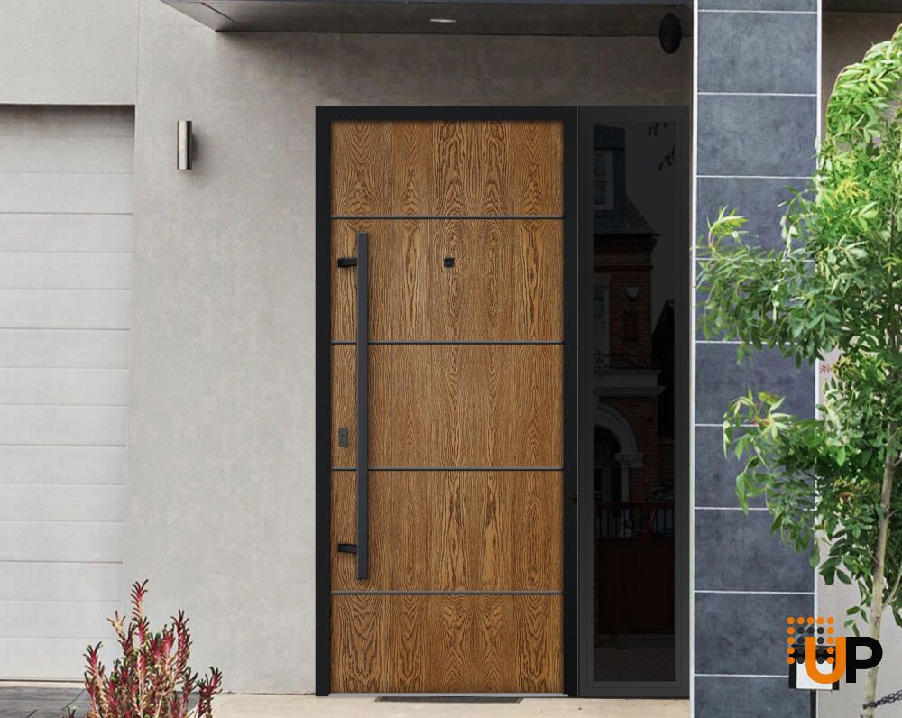 Front Exterior Prehung Steel Door / Deux 6683 Natural Oak / Sidelight Exterior Window Sidelite / Entry Metal Modern Painted W36+12" x H80" Right hand Inswing photo#3