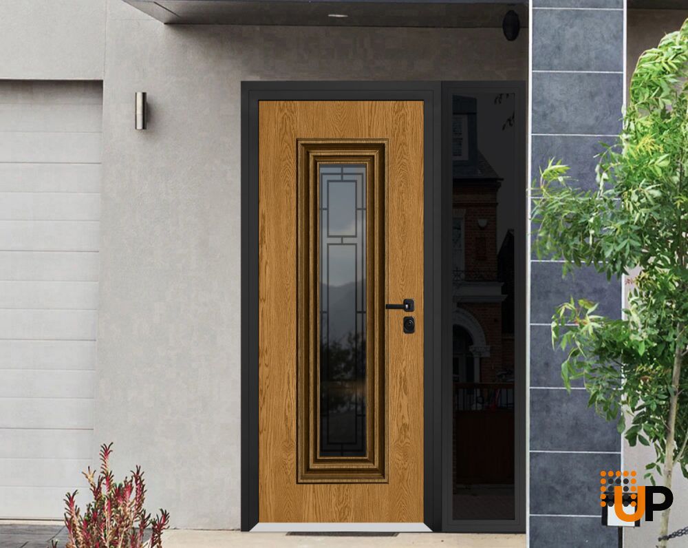 Front Exterior Prehung Steel Door / Ballucio 6644 Natural Oak / Black Side Exterior Window Sidelite / Entry Metal Modern Painted W36+14" x H80" Left hand Inswing photo#2