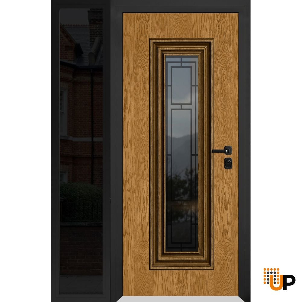 Front Exterior Prehung Steel Door / Ballucio 6644 Natural Oak / Black Side Exterior Window Sidelite / Entry Metal Modern Painted W36+14" x H80" Left hand Inswing photo#1
