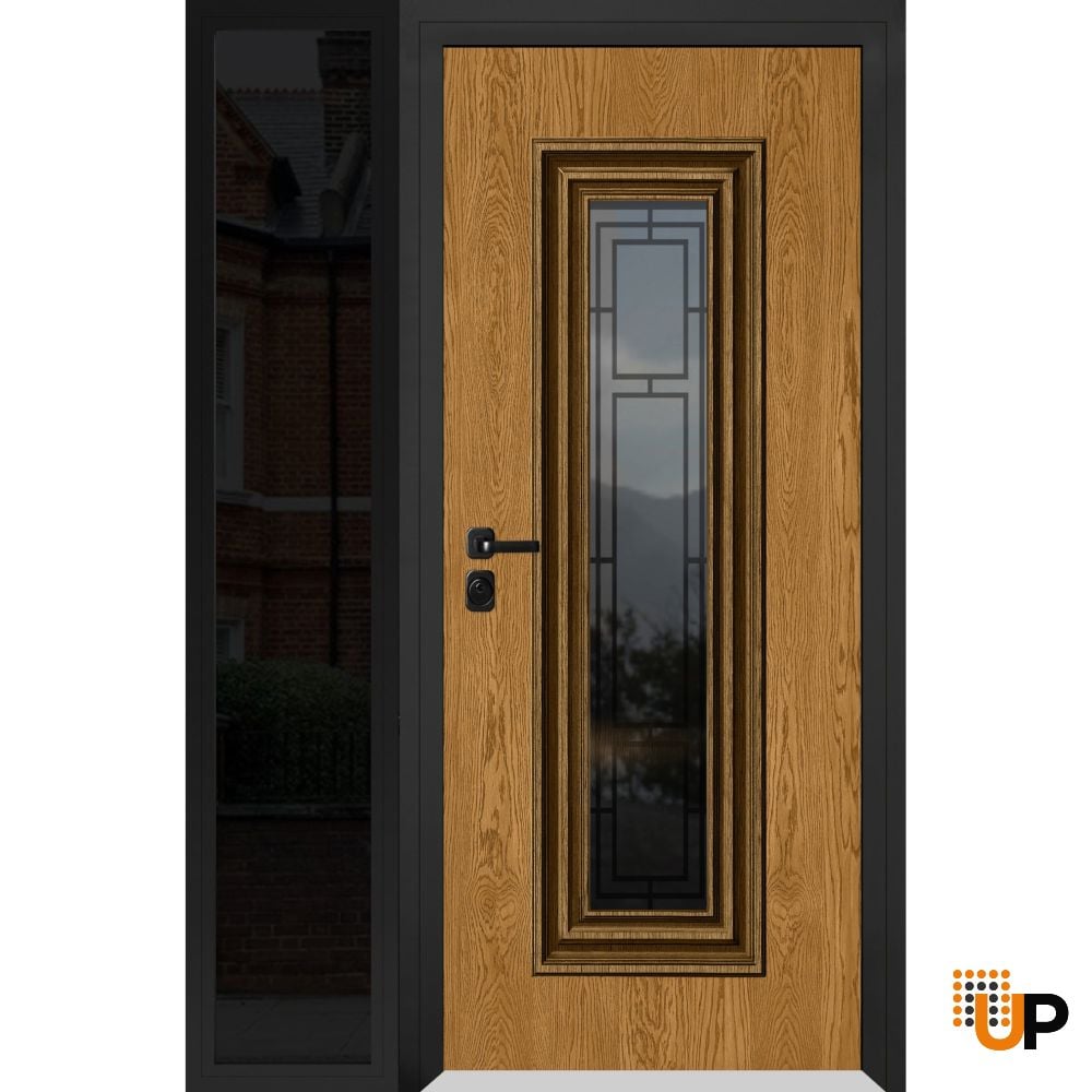 Front Exterior Prehung Steel Door / Ballucio 6644 Natural Oak / Black Side Exterior Window Sidelite / Entry Metal Modern Painted W36+14" x H80" Right hand Inswing photo#1