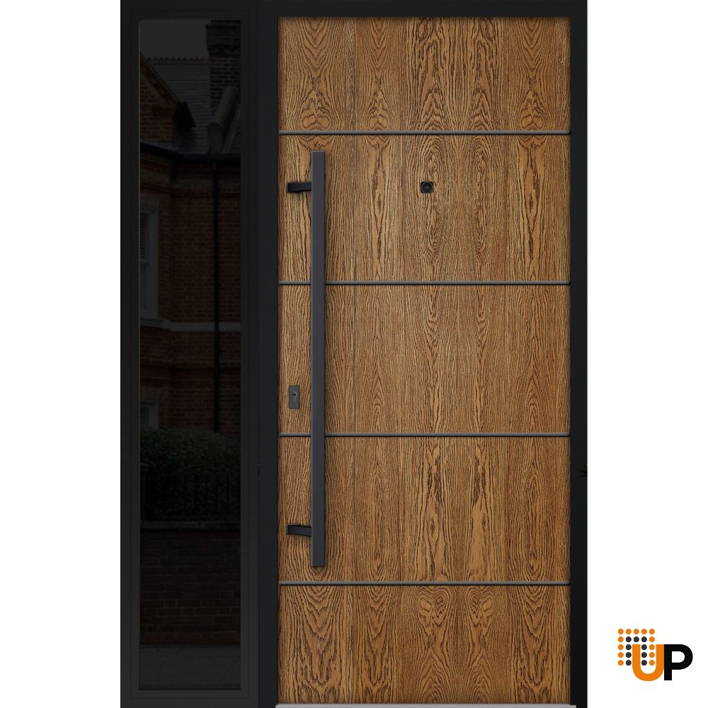 Front Exterior Prehung Steel Door / Deux 6683 Natural Oak / Sidelight Exterior Window Sidelite / Entry Metal Modern Painted W36+12" x H80" Right hand Inswing photo#1