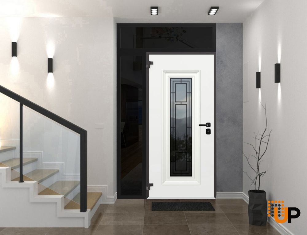 Front Exterior Prehung Steel Door / Ballucio 6644 Natural Oak / Black Side and Top Exterior Window Sidelite / Entry Metal Modern Painted W36+14" x H80+16" Right hand Inswing photo#3