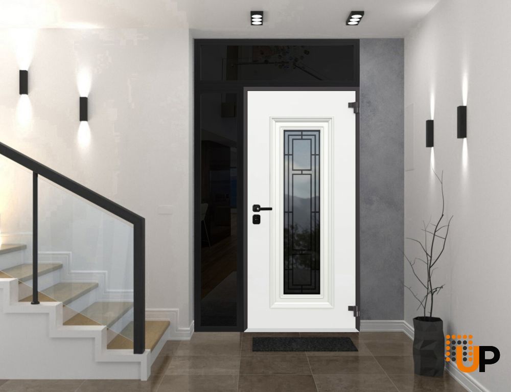 Front Exterior Prehung Steel Door / Ballucio 6644 Natural Oak / Black Side and Top Exterior Window Sidelite / Entry Metal Modern Painted W36+14" x H80+16" Left hand Inswing photo#3