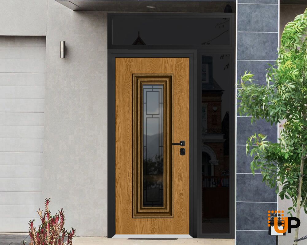 Front Exterior Prehung Steel Door / Ballucio 6644 Natural Oak / Black Side and Top Exterior Window Sidelite / Entry Metal Modern Painted W36+14" x H80+16" Left hand Inswing photo#2