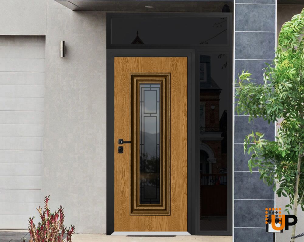 Front Exterior Prehung Steel Door / Ballucio 6644 Natural Oak / Black Side and Top Exterior Window Sidelite / Entry Metal Modern Painted W36+14" x H80+16" Right hand Inswing photo#2