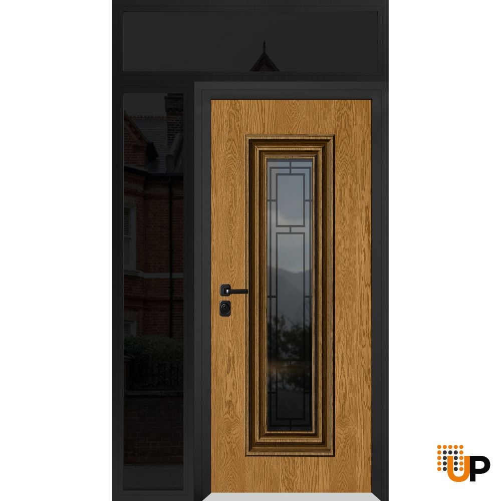 Front Exterior Prehung Steel Door / Ballucio 6644 Natural Oak / Black Side and Top Exterior Window Sidelite / Entry Metal Modern Painted W36+14" x H80+16" Right hand Inswing photo#1