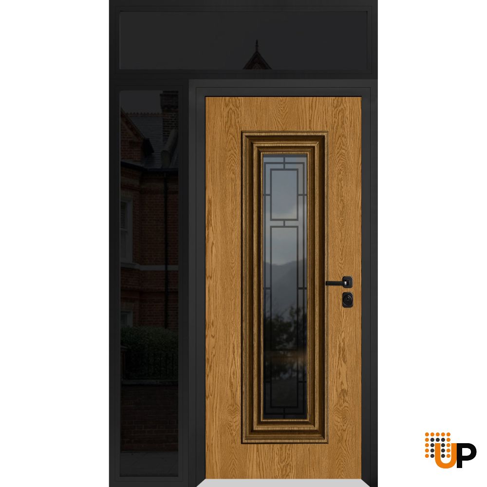 Front Exterior Prehung Steel Door / Ballucio 6644 Natural Oak / Black Side and Top Exterior Window Sidelite / Entry Metal Modern Painted W36+14" x H80+16" Left hand Inswing photo#1