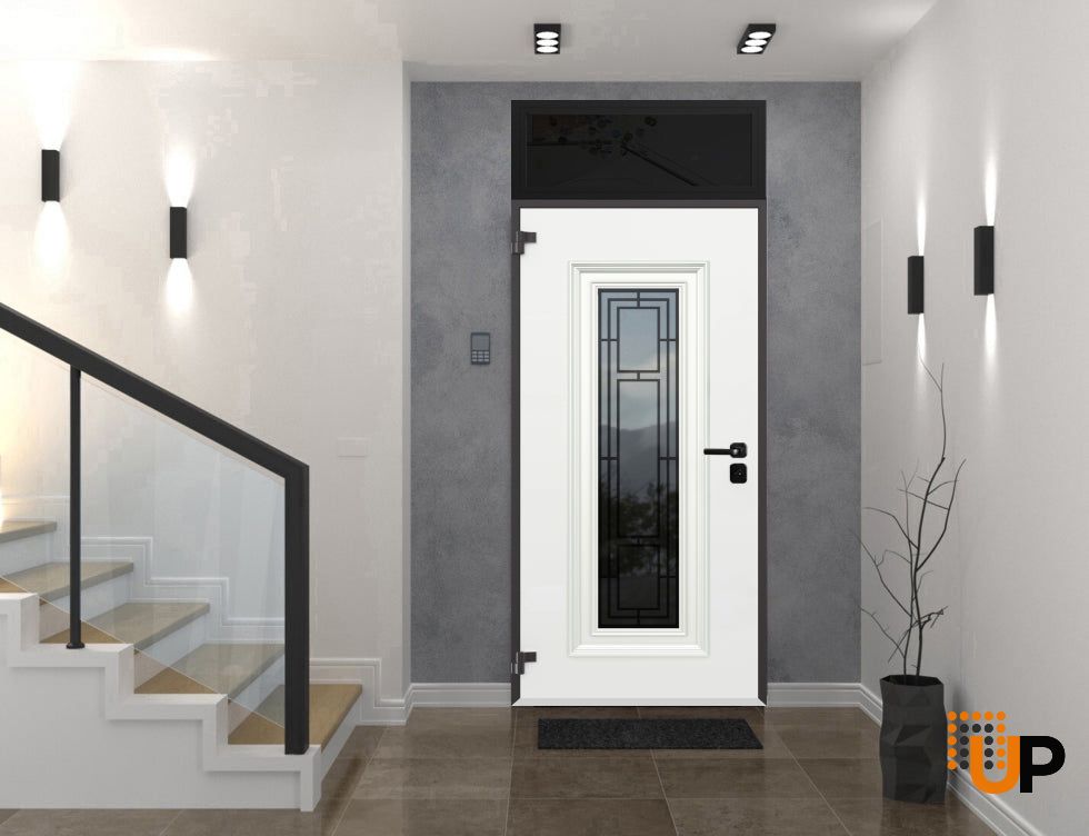 Front Exterior Prehung Steel Door / Ballucio 6644 Natural Oak / Black Top Exterior Window Sidelite / Entry Metal Modern Painted W36" x H80+16" Right hand Inswing photo#3