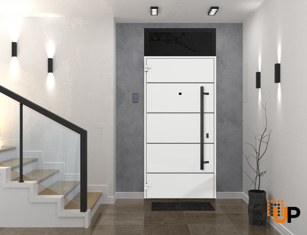 Front Exterior Prehung Steel Door / Deux 6683 Natural Oak / Transom Window Sidelite / Entry Metal Modern Painted W36" x H80+16" Right hand Inswing photo#4