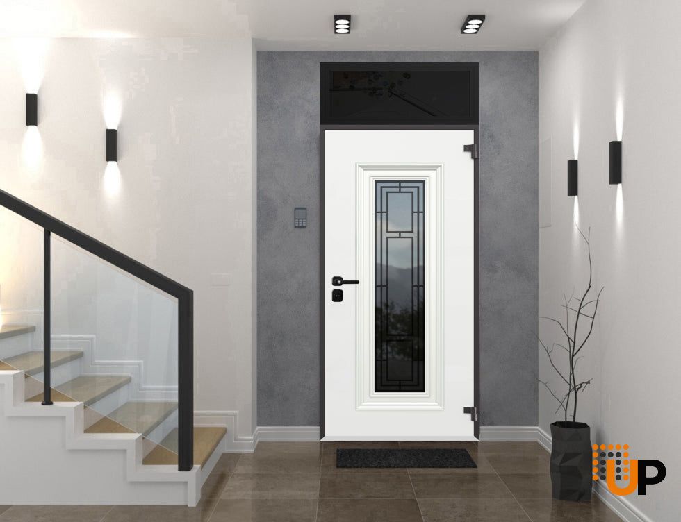 Front Exterior Prehung Steel Door / Ballucio 6644 Natural Oak / Black Top Exterior Window Sidelite / Entry Metal Modern Painted W36" x H80+16" Left hand Inswing photo#3