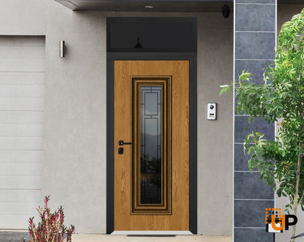 Front Exterior Prehung Steel Door / Ballucio 6644 Natural Oak / Black Top Exterior Window Sidelite / Entry Metal Modern Painted W36" x H80+16" Right hand Inswing photo#2