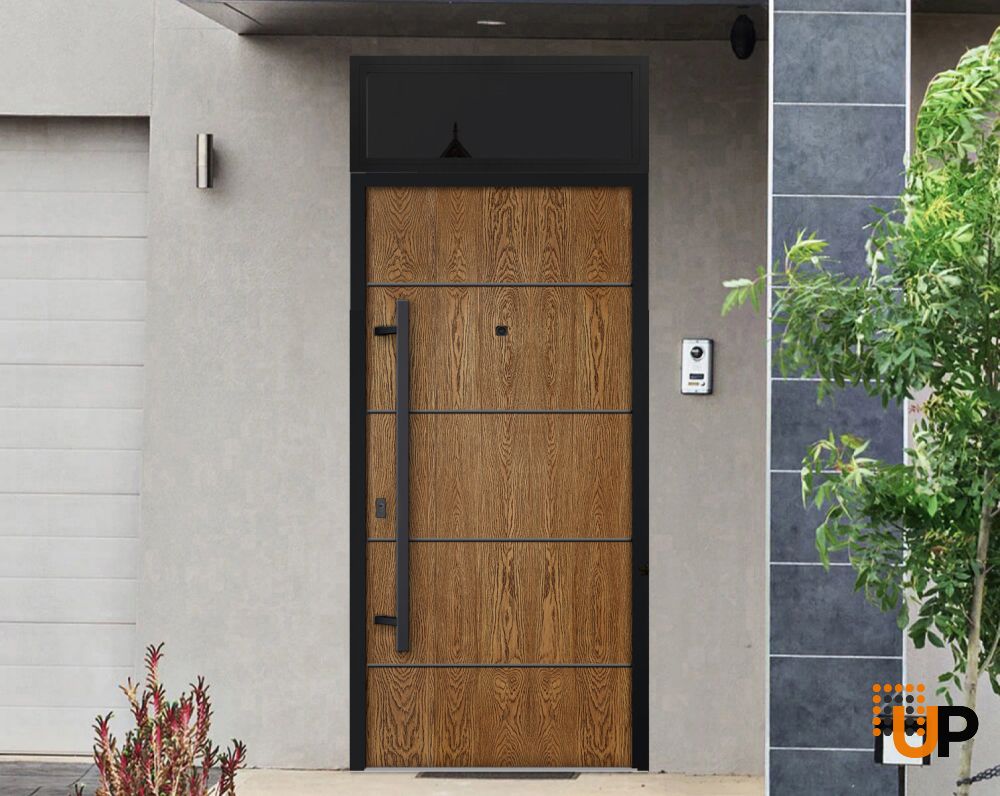 Front Exterior Prehung Steel Door / Deux 6683 Natural Oak / Transom Window Sidelite / Entry Metal Modern Painted W36" x H80+16" Right hand Inswing photo#3