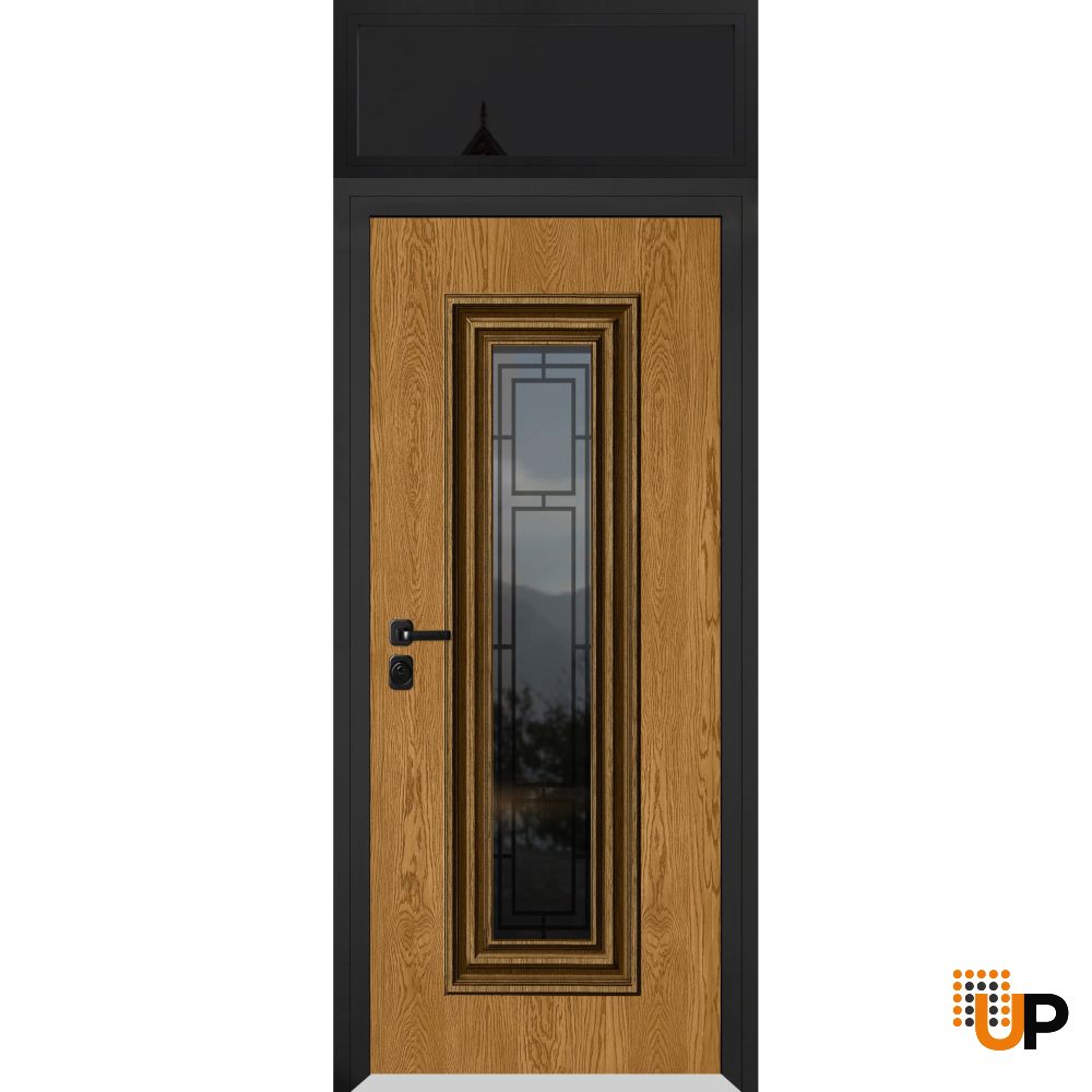Front Exterior Prehung Steel Door / Ballucio 6644 Natural Oak / Black Top Exterior Window Sidelite / Entry Metal Modern Painted W36" x H80+16" Right hand Inswing photo#1
