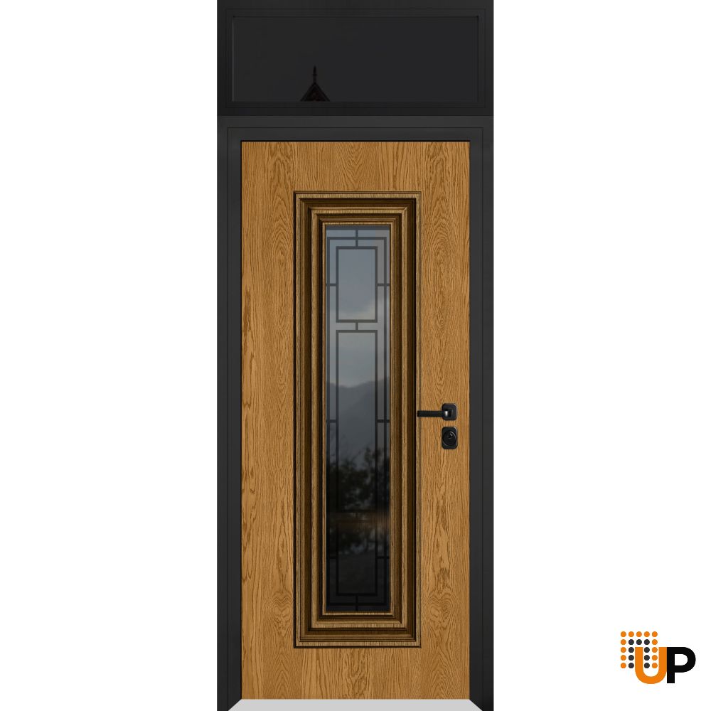 Front Exterior Prehung Steel Door / Ballucio 6644 Natural Oak / Black Top Exterior Window Sidelite / Entry Metal Modern Painted W36" x H80+16" Left hand Inswing photo#1