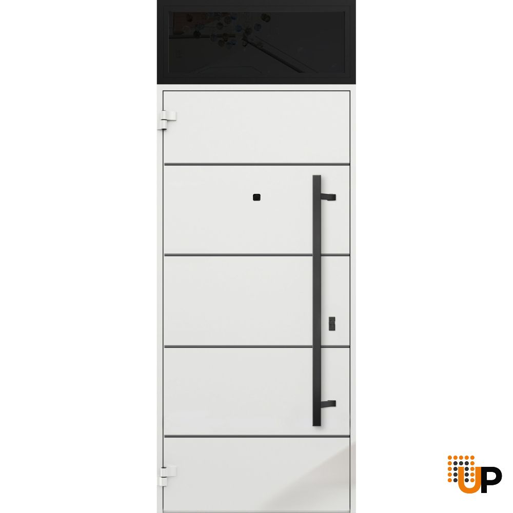 Front Exterior Prehung Steel Door / Deux 6683 Natural Oak / Transom Window Sidelite / Entry Metal Modern Painted W36" x H80+16" Right hand Inswing photo#2
