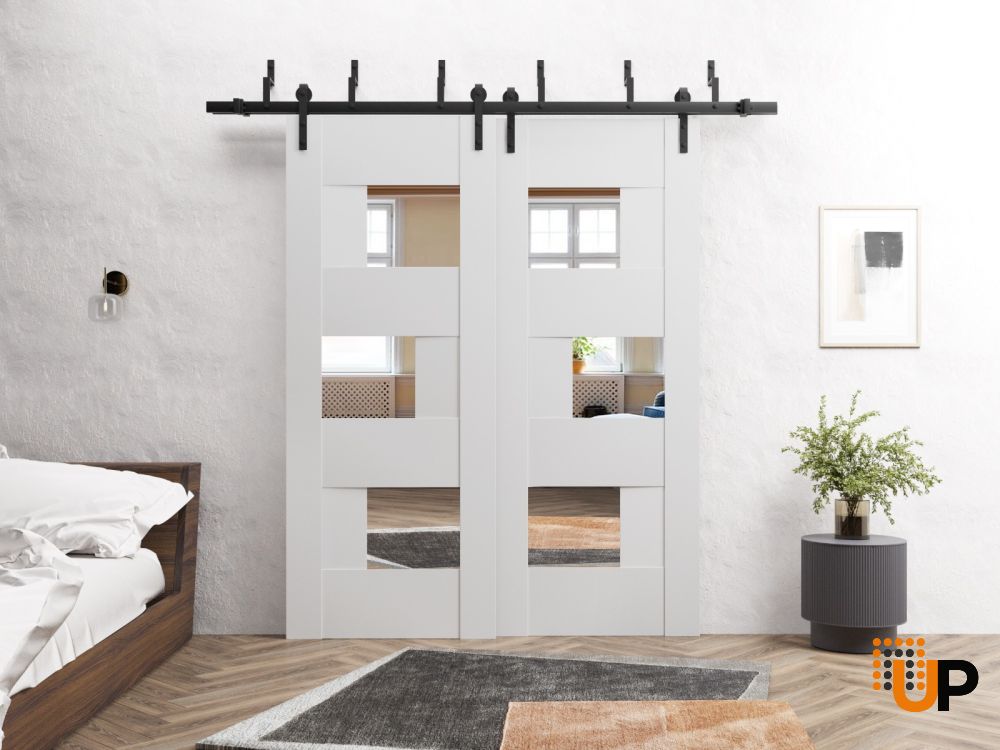 Slab Door Panel Opaque Glass 24 x 80 inches / Sete 6999 White Silk with Mirror / Modern Finished Doors / Pocket Closet Sliding Barn photo#5