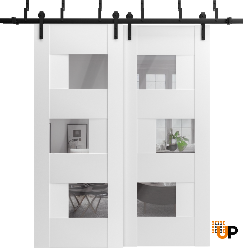 Sliding Closet Opaque Glass Barn Bypass Doors 36 x 96 inches / Sete 6999 White Silk with Mirror / Modern 6.6ft Rails Hardware Set / Wood Solid Bedroom Wardrobe Doors  photo#2