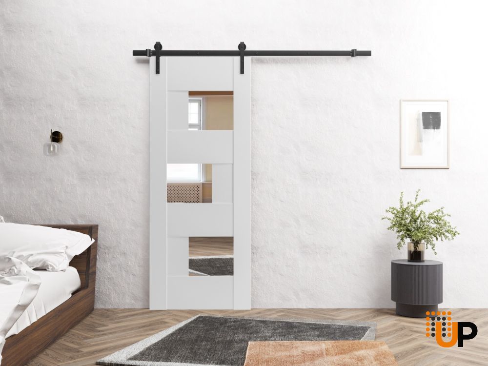 Modern Barn Door Opaque Glass / Sete 6999 White Silk with Mirror / Black 6.6FT Rail Track Heavy Hardware Set / Solid Panel Interior Doors-42" x 84" photo#4