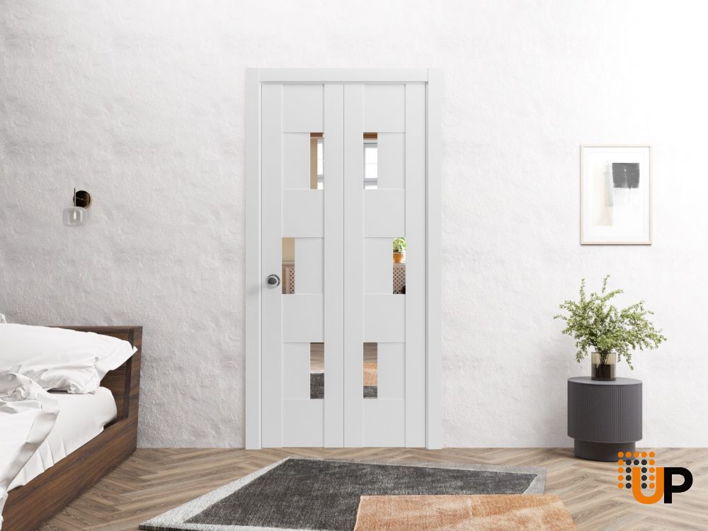 Sliding Closet Bi-fold Doors | Sete 6999 White Silk with Mirror | Sturdy Tracks Moldings Trims Hardware Set | Wood Solid Bedroom Wardrobe Doors-36" x 80" (2* 18x80) photo#4