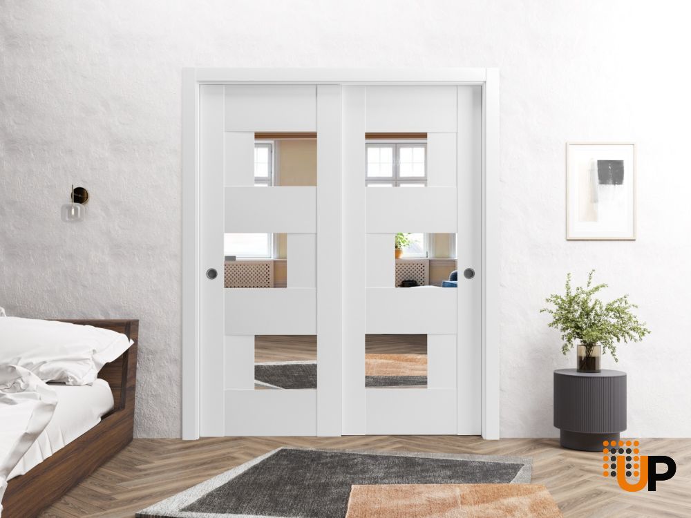 Sliding Closet Opaque Glass Bypass Doors 48 x 80 inches / Sete 6999 White Silk with Mirror / Rails Hardware Set / Wood Solid Bedroom Wardrobe Doors  photo#4