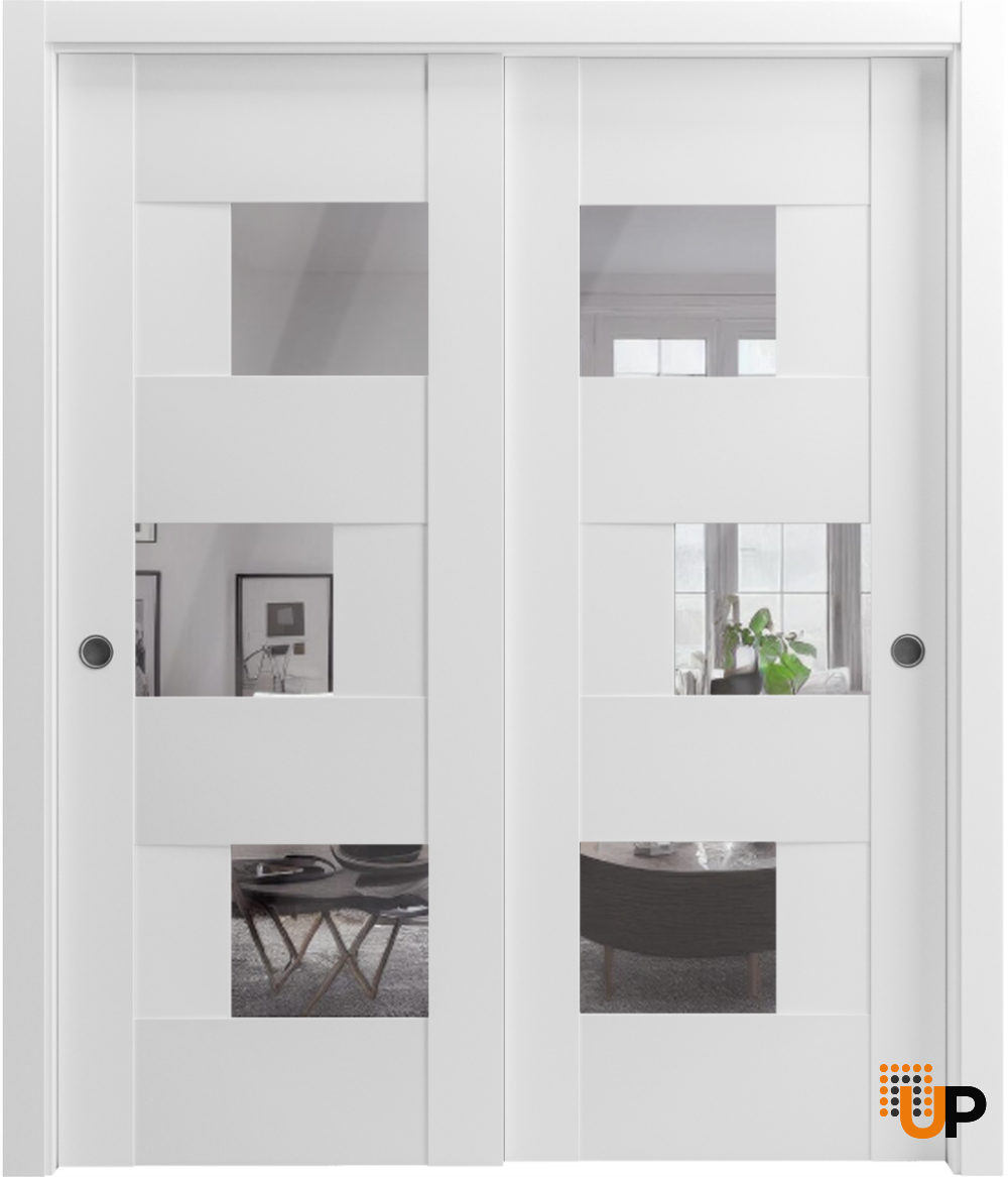 Sliding Closet Opaque Glass Bypass Doors 84 x 80 inches / Sete 6999 White Silk with Mirror / Rails Hardware Set / Wood Solid Bedroom Wardrobe Doors  photo#2
