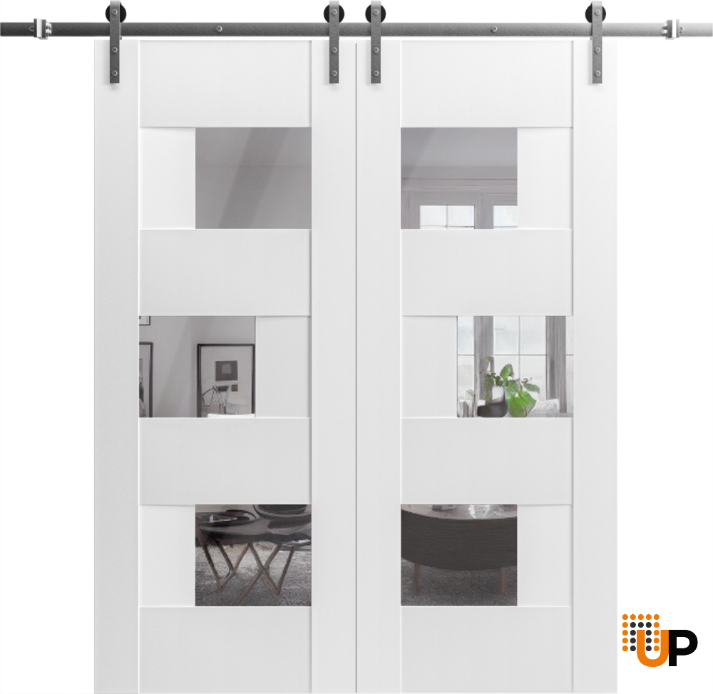 Modern Double Barn Door / Sete 6999 White Silk with Mirror / 13FT Rail Track Set / Solid Panel Interior Doors-60" x 96" (2* 30x96) photo#2